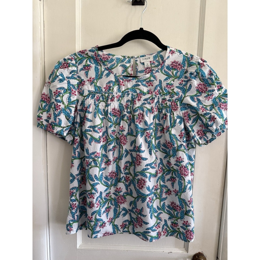 J Crew Women's Small Floral Puff Sleeve Smocked Top Cotton